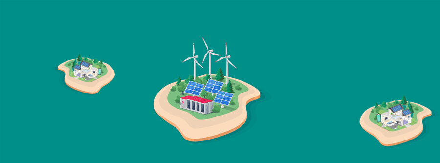 3 islands powered by renewable microgrids. 2 islands have homes with solar microgrids, and the other island has solar systems, wind turbines, and batteries.