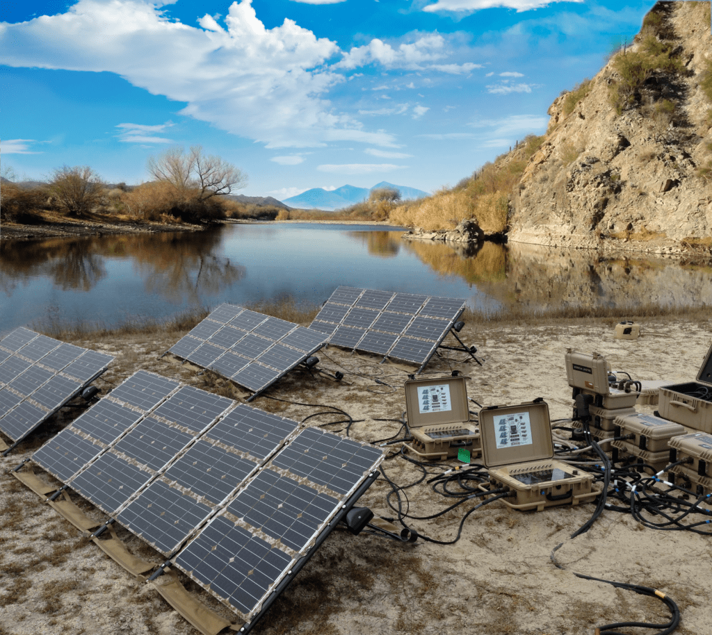 Display of the Ground Renewable Expeditionary Energy Systems (GREENS), a portable solar microgrid used by the US military. This GREENS has 4 solar panels and 6 battery packs.