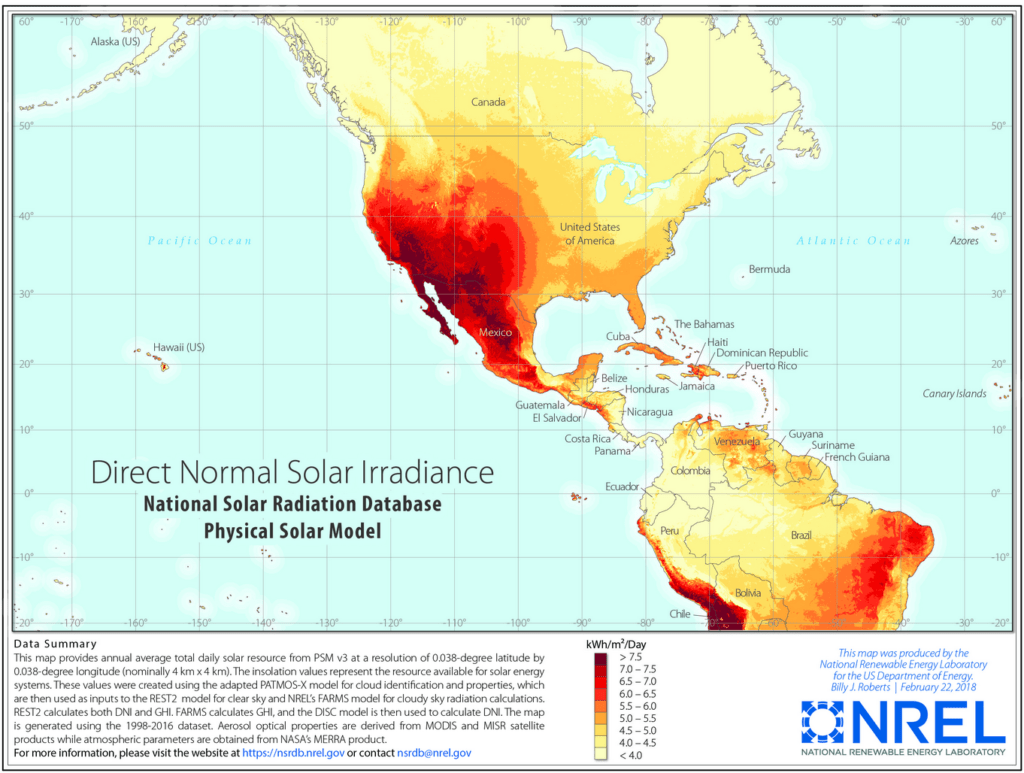 Map of the Americas illustrating annual average total daily hours of peak sunlight, ranging from under 4 to over 7.5 hours.