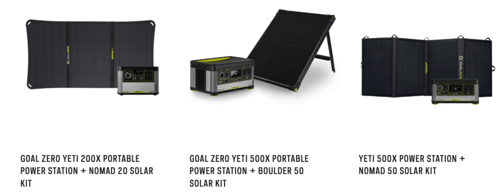 3 types of Goal Zero solar microgrids: Goal Zero Yeti 200x Portable Power Station + Nomad 20 Solar Kit, Goal Zero Yeti 500x Portable Power Station + Boulder 50 Solar Kit, Yeti 500x Power Station + Nomad 50 Solar Kit.