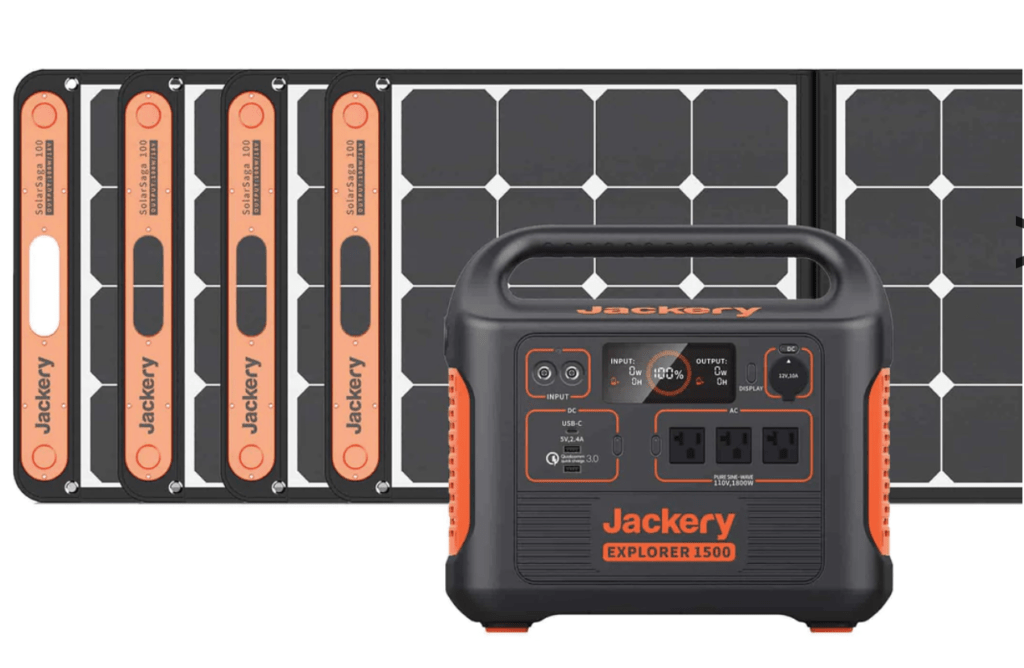 Jackery Solar Explorer 1500 solar microgrid with 4 solar panels and 1 battery+generator.