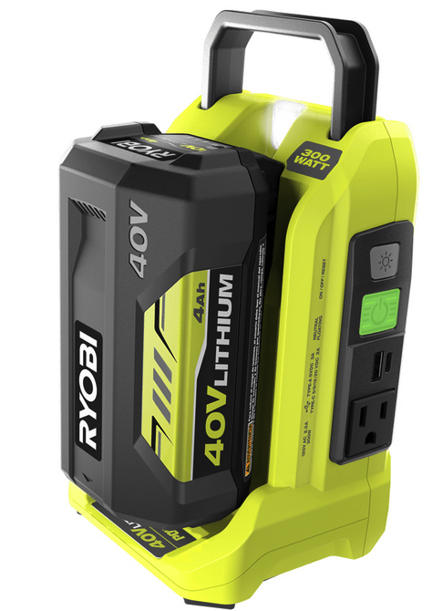 RYOBI 300W battery generator with a 40V lithium ion battery and portable charger.