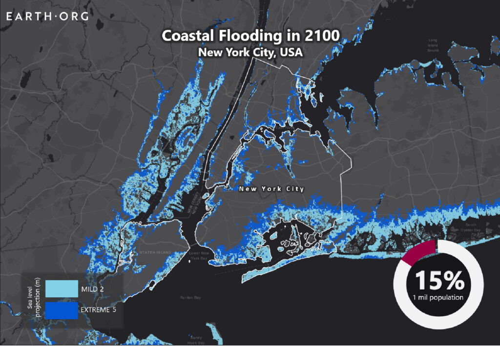 Map of forecasted coastal flooding in NYC and New Jersey in 2100 from sea-level rise. 15% of population are forecasted to experience regular flooding.