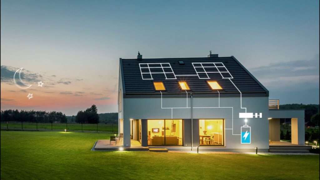 Solar-powered renewable microgrid's battery electrifying a home in the evening.