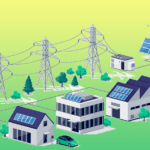 Graphic of a virtual power plant (VPP) connecting homes, buildings, electric vehicles, to each other and the grid. Sharing their available electricity and battery storage.