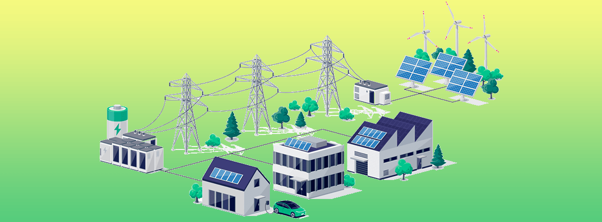 Graphic of a virtual power plant (VPP) connecting homes, buildings, electric vehicles, to each other and the grid. Sharing their available electricity and battery storage.