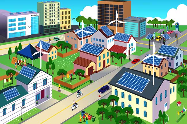 Drawing of a lively neighborhood powered by a community-scale wind + solar microgrid. Many of the homes and office buildings have solar panels and small windturbines on their roofs