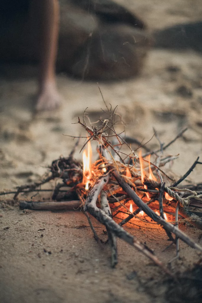 Fire on the beach with person standing nearby