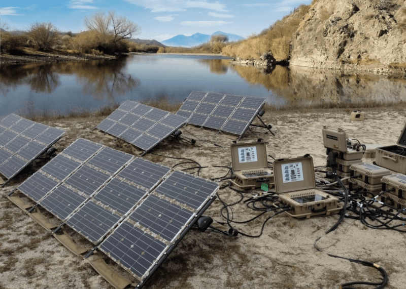 Display of the Ground Renewable Expeditionary Energy Systems (GREENS), a portable solar microgrid used by the US military. This GREENS has 4 solar panels and 6 battery packs.