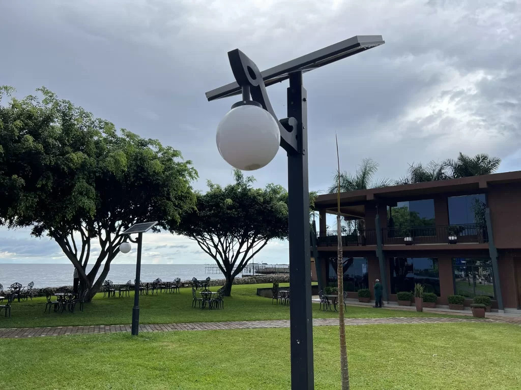 Solar-powered lamp used to illuminate a path along Lake Victoria in Entebbe, Uganda.