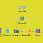 Diagram of a microgrid with icons representing the utility grid connected to the microgrid, and the microgrid connected to commercial & industrial users, residential users, a gas generator, renewable generators of wind and solar, battery storage, and electric vehicles.