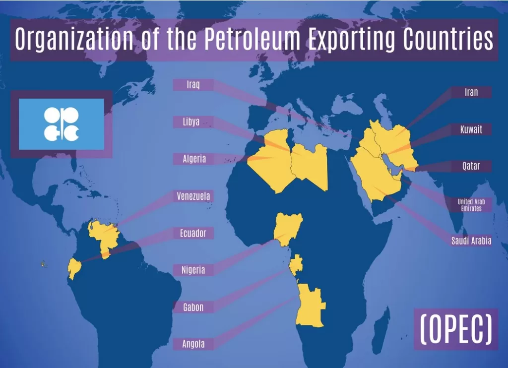 Map of Organization of the Petroleum Exporting Countries (OPEC) members. Iraq, Libya, Algeria, Venezuela, Ecuador, Nigeria, Gabon, Angola, Iran, Kuwait, Qatar, United Arab Emirates, and Saudi Arabia.