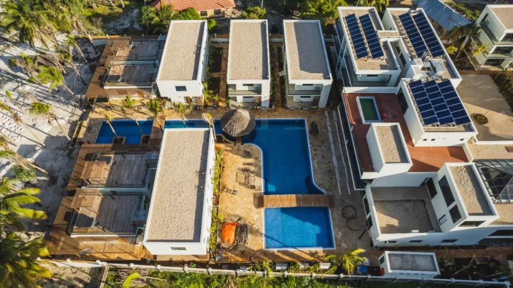 Ariel view showing the solar panels on the roof of the Toa Hotel and Spa in Pogwe, Zanzibar, Tanzania.